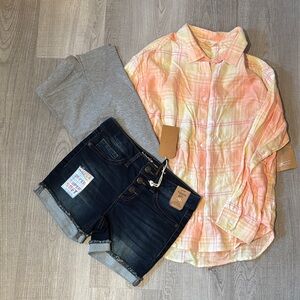 Bundle - Plaid Shirt, Grey leggings + Jeans Shorts